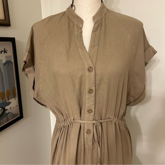 Zara Tan Linen Midi Dress with Dolman Sleeves and Mandarin Collar - Picture 4 of 8